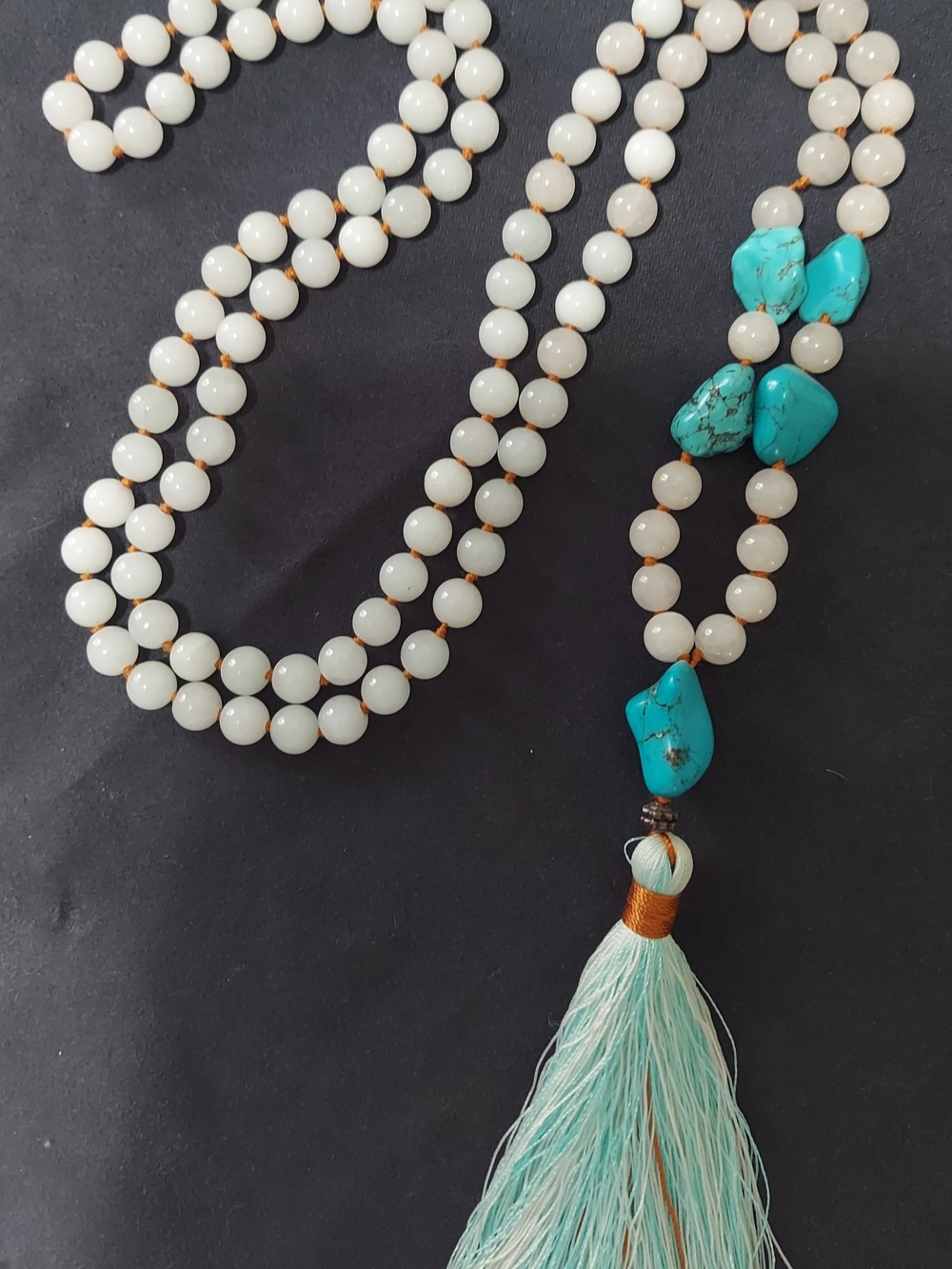 White Agate Bead Necklace with Turquoise Accents and Tassel - Women Boho Jewelry